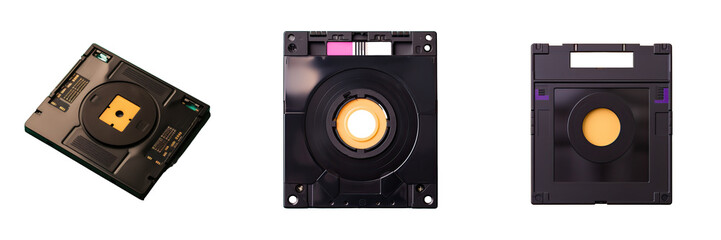 Flat lay view of a black 3 5 floppy disk on an isolated transparent background commonly used in 90 s computer devices for data recording