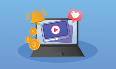 Playing video on a laptop computer Live Streaming, Digital Multimedia Player.on blue background.Vector Design Illustration.