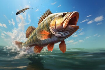 Realistic illustration of a large lake perch attacking a bait wobbler while fishing on a river or lake in the USA. Generative AI - obrazy, fototapety, plakaty