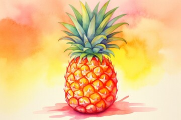 Colorful watercolor illustration featuring a pineapple on a vibrant orange background. Generative AI