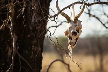 skull of bovine cranium hanging from a branch. Generative AI