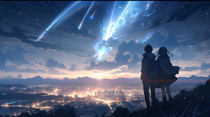 A couple watching a meteor shower, Shooting star, Generative AI