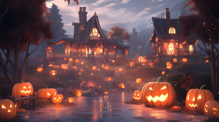 A Halloween Themed Town, Spooky House, Halloween Pumpkin Field, Generative AI