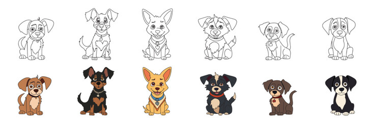 Set of cute puppy in doodle style and colored outline. Hand drawn little dogs. Vector illustration.