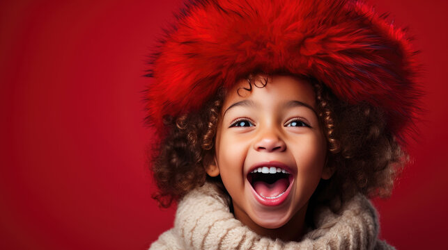 Portrait of a smiling little girl in a red hat and sweater on a red background. created by generative AI technology.