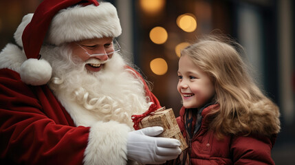 Fototapeta na wymiar Santa Claus giving present to little girl on Christmas street. created by generative AI technology.