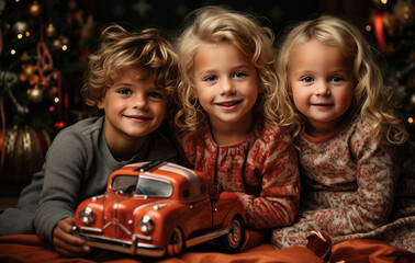 Three happy children with toy car in a room with a Christmas tree. created by generative AI technology.