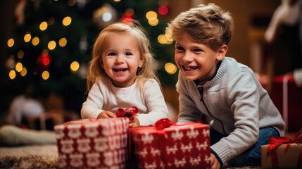 Obraz na płótnie Canvas Cute little boy and girl with christmas gift boxes at home. created by generative AI technology.