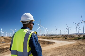 An engineer in wind turbine construction site landscape.