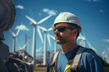An engineer in wind turbine construction site landscape.