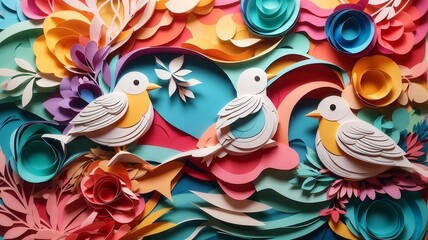 Obraz premium Bird and Flower Paper Art Style Abstract Background Illustration