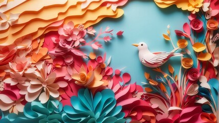 Bird and Flower Paper Art Style Abstract Background Illustration