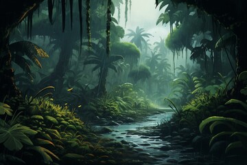 Illustration of a rainy jungle atmosphere. Generative AI