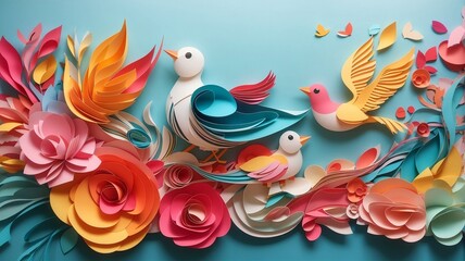 Obraz premium Bird and Flower Paper Art Style Abstract Background Illustration