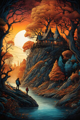 Magical deep dark forest digital painting