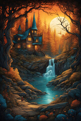 Magical deep dark forest digital painting