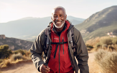 Black african american dark-skinned happy senior man hiking outdoors. Fitness walking and forest travel journey. Active senior person concept