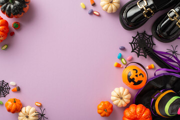 Embark on a journey of Halloween trick-or-treating with overhead snapshot highlighting candies, kids' accessories and decorations on a violet isolated background, with copyspace for adverts or text
