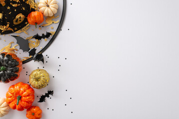 Incredible Halloween witch outfit for young girl. Overhead shot of beautiful black and gold magic...