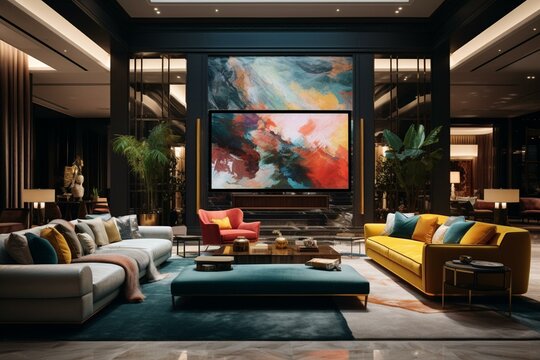 Sophisticated lounge featuring a large television. Generative AI