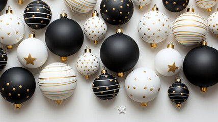 Beautiful black and white Christmas tree toys, new year decoration, copy space, postcard