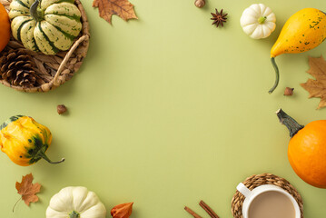 Thanksgiving theme captured from top view: abundant harvest, raw pattypans in a rustic wicker...