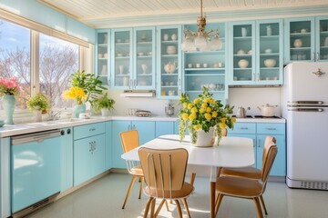 Interior of a baby blue mid century modern kitchen adorned with spring decor. Generative AI