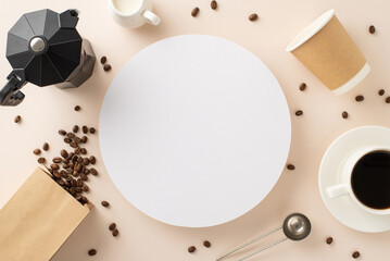 Brewed to Perfection: Top-down view photo of coffee beans in paper bag, espresso cup, cream jar, barista's spoon, paper cup and kettle on a soft beige canvas, empty circle ready for your message or ad