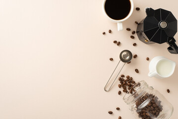 Espresso Elegance: Celebrate Coffee Day with coffee beans, espresso cup, jar of milk, barista's spoon and kettle artfully arranged on a pastel beige canvas with blank space for your advertising