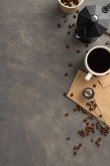 Espresso Extravaganza: A top view vertical photograph featuring scattered coffee beans, espresso...