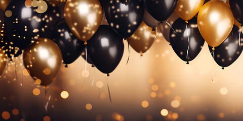 Festive elegant background with gold and black balloons Christmas, birthday. 3D Render Generative AI