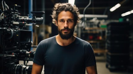 Portrait of a male actor on a bustling film set embodying diverse roles