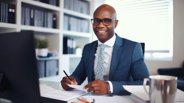 Portrait of a male accountant in his quiet office navigating complex financial regulations providing expert financial guidance