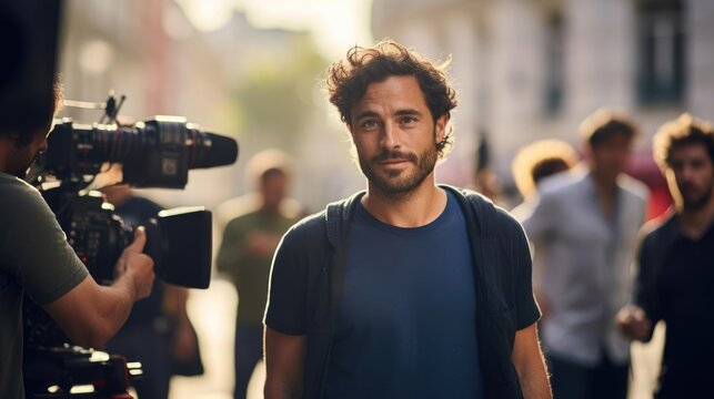 Portrait of a male actor on a bustling film set embodying diverse roles