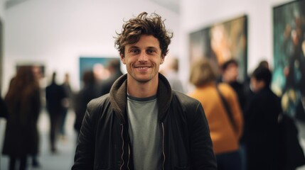 Portrait of a male artist at a bustling art gallery curating exhibitions that showcase the creativity of fellow artists