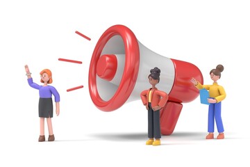 People use Big Loudspeaker to Communicate with Audience. PR Agency Team work on Social Media Promotion. Public Relation, Digital Marketing and Media Concept.3D rendering on white background.