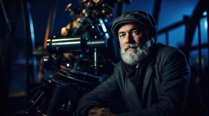 Fototapeta na wymiar Portrait of a male astronomer at an observatory gazing at the night sky through powerful telescopes