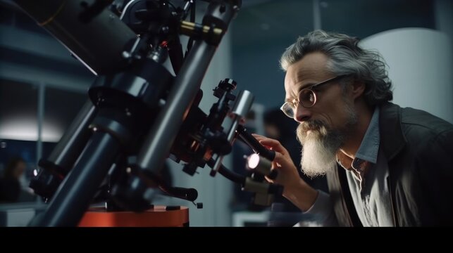 Portrait of a male astronomer at a research institute analyzing astronomical data