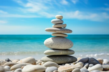 A serene scene of a harmonious tower of stones on a peaceful beach with white sand. Generative AI