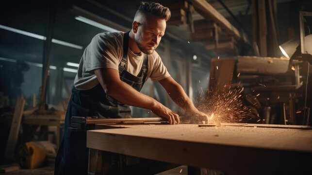 Portrait of a male carpenter at a bustling carpentry workshop crafting intricate woodwork masterpieces