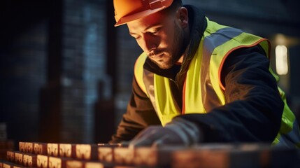 Portrait of a male construction worker in a high-visibility vest meticulously laying bricks and pouring concrete