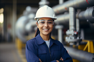 Portrait of happy female engineer at oil refinery, woman engineer inspecting in industrial oil refinery wearing construction helmet and blue vest