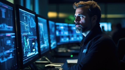 Portrait of a male cybersecurity analyst in a high-tech security operations center vigilantly monitoring network traffic - obrazy, fototapety, plakaty