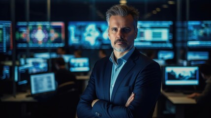 Portrait of a male cybersecurity analyst in a high-tech security operations center vigilantly monitoring network traffic