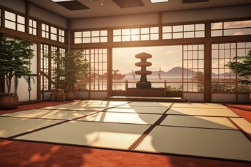 Rendered 3D depiction of a classic karate dojo, featuring a training mat and traditional windows made of rice paper. Generative AI