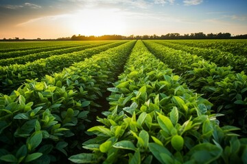 Vibrant soy plants thrive in lush farm fields. Generative AI