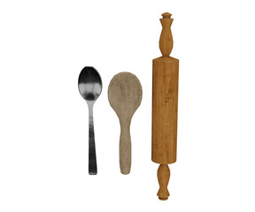 3d rendering kitchen utensils, wooden rolling pin, spoon, wooden ladle