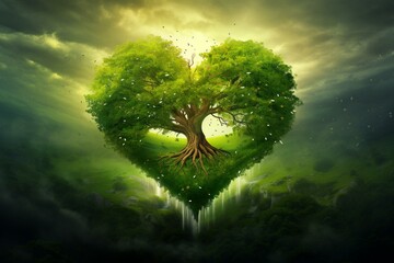 Spring emerges with a tree growing from a green heart, symbolizing our connection to nature and love for the earth. Generative AI