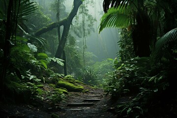 Damp tropical forest floor covered in mist, ideal for nature wallpapers. Generative AI