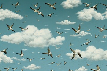 Vintage wallpaper featuring birds flying in blue sky and clouds. Generative AI